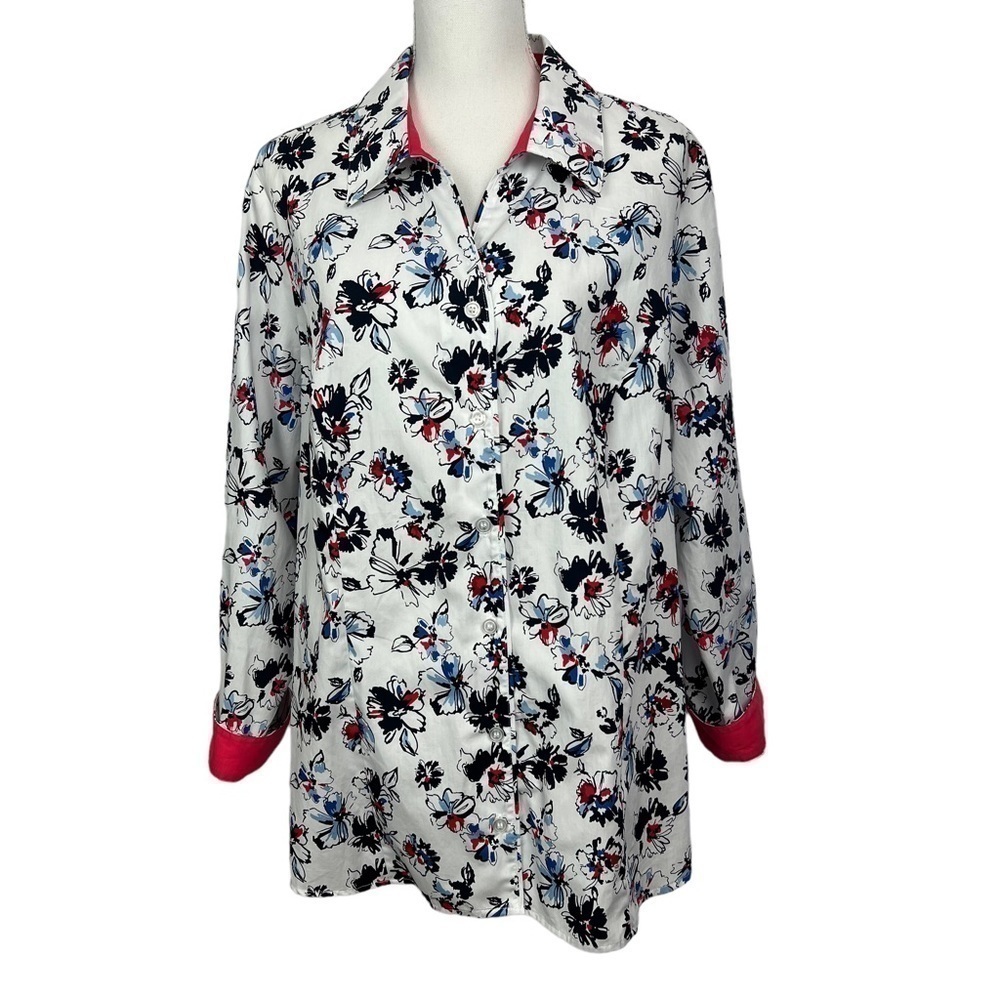 CJ BANKS Women’s Button Blouse Sz 2X Multi Color Floral Print Contrasting Sleeve